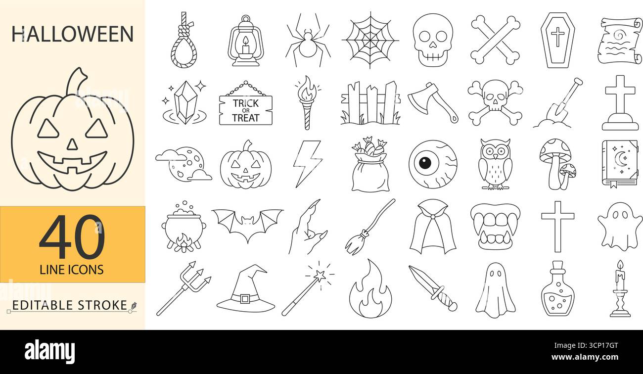 Ein Set von halloween-Symbolen in minimalistischem Stil mit bearbeitbarem Strich. Gruselige Partykollektion, gruselige Grafikelemente, gruselige Tricks oder Leckereien Stock Vektor