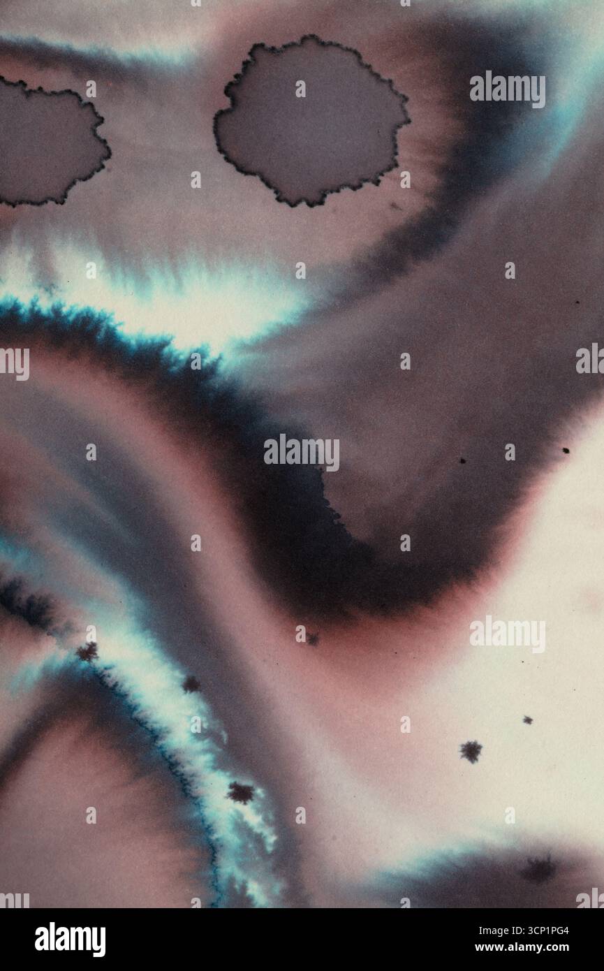 Abstrakter Hintergrund zweikomponentiger kalligraphischer Tintenläufe und -Blüten auf Papier Stockfoto