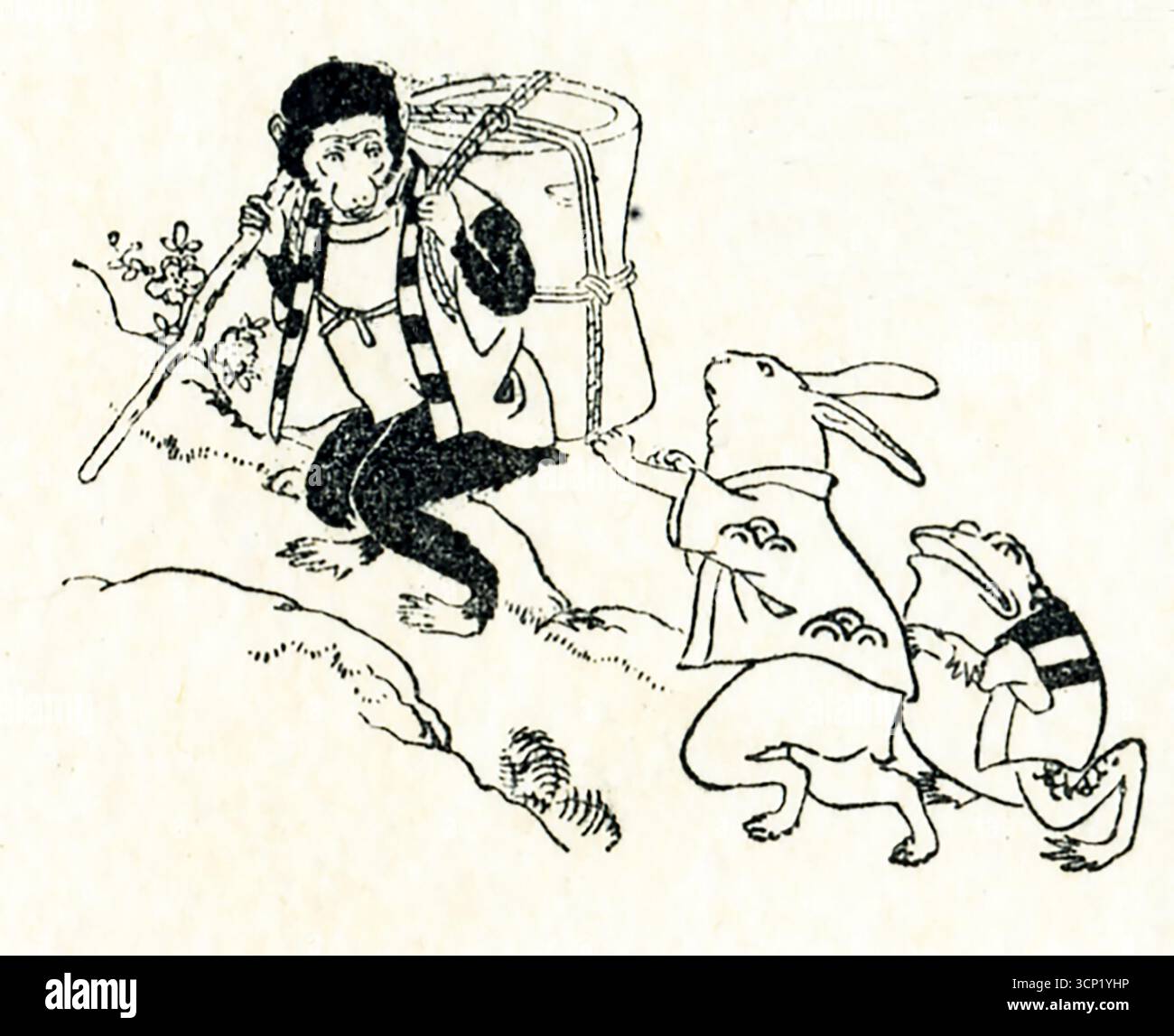 Dieses Bild aus dem Jahr 1949 zeigt ein japanisches Märchen über einen Hasen, einen Bullfrosch und einen Affen mit einem großen Topf. Es war Silvester und die drei wollten mit traditionellen Reiskuchen feiern. Um sie zu bekommen, haben sie einen Plan ausgearbeitet. Sie gingen in die Stadt und klauen welche. Auf dem Weg sahen sie einen Topf mit den Kuchen, die zum Abkühlen gebracht wurden. Der Affe nahm den Topf und schnallte ihn ihm auf den Rücken – und alle marschierten den nahegelegenen Berg hinauf. Aber der Affe wurde gierig – er hatte den Topf bei sich und wollte so alles. Die drei beschlossen, den Topf den Hügel hinunter zu Rollen und wer zuerst den Boden erreicht hat, bekam alle Kuchen. Affe leitete die fas Stockfoto