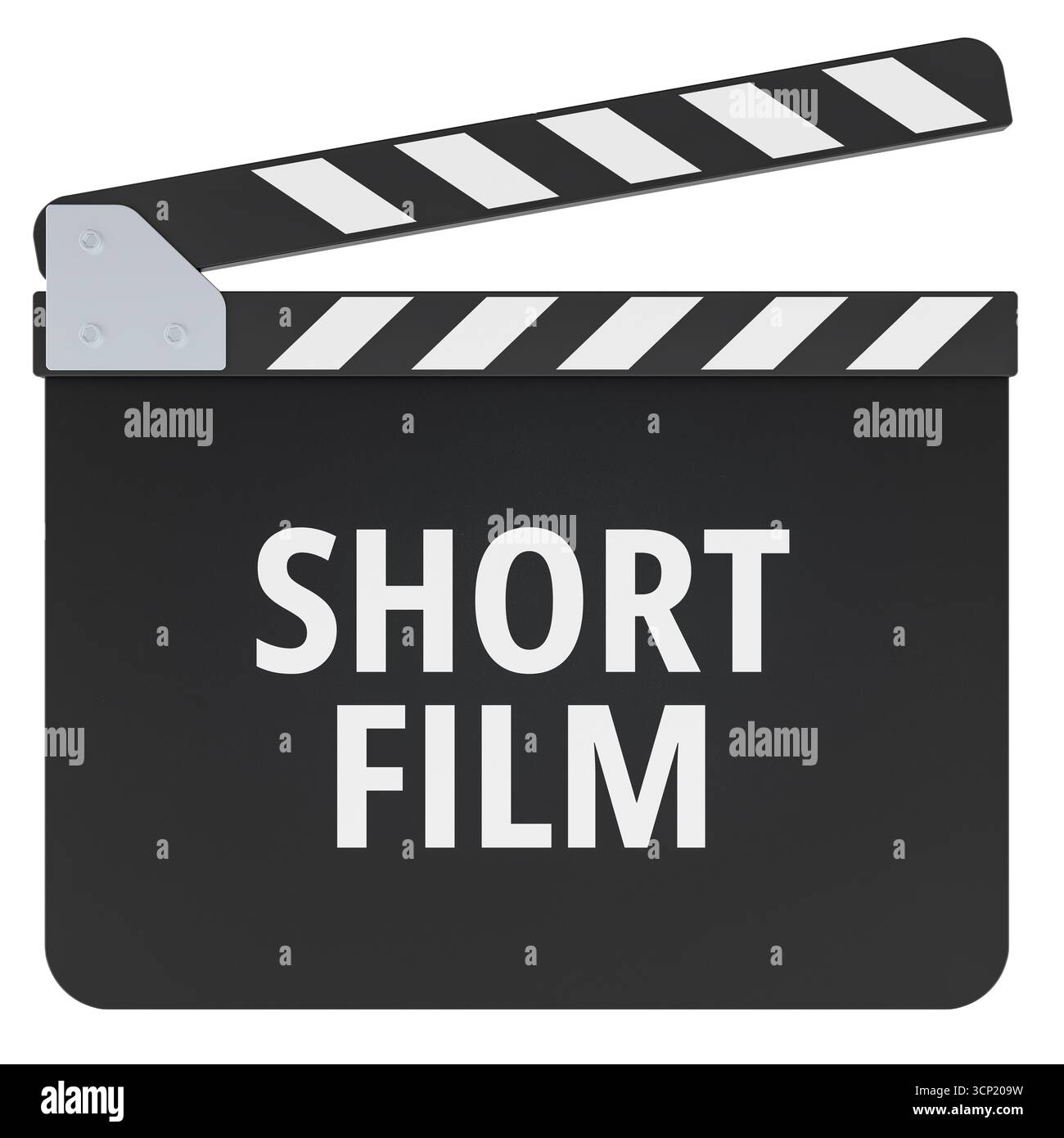 Kurzfilmkonzept mit Filmklapperboard, 3D-Rendering isoliert auf weißem Hintergrund Stockfoto