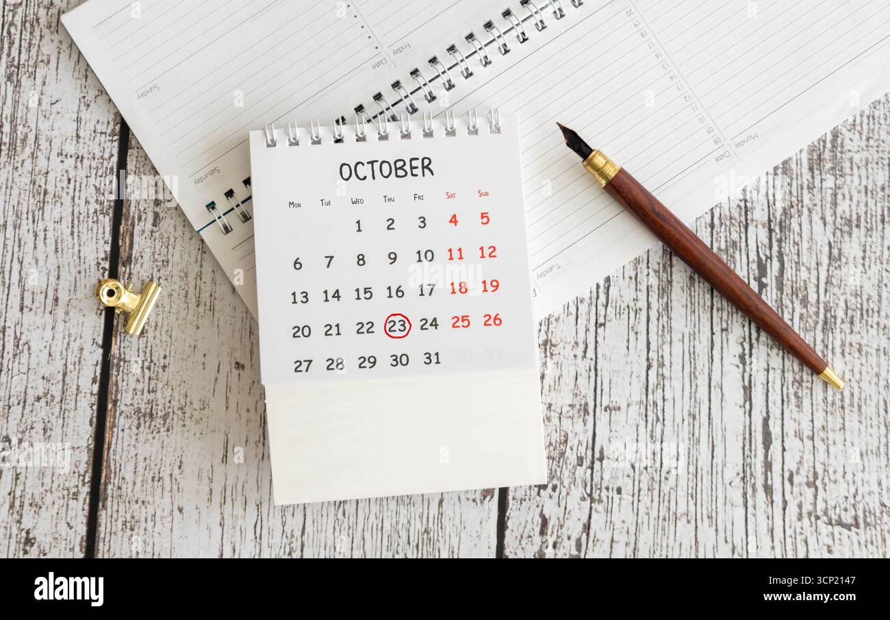 Holzkalender mit Datum 23. oktober und dekorativer Pflanze auf dem Tisch Stockfoto