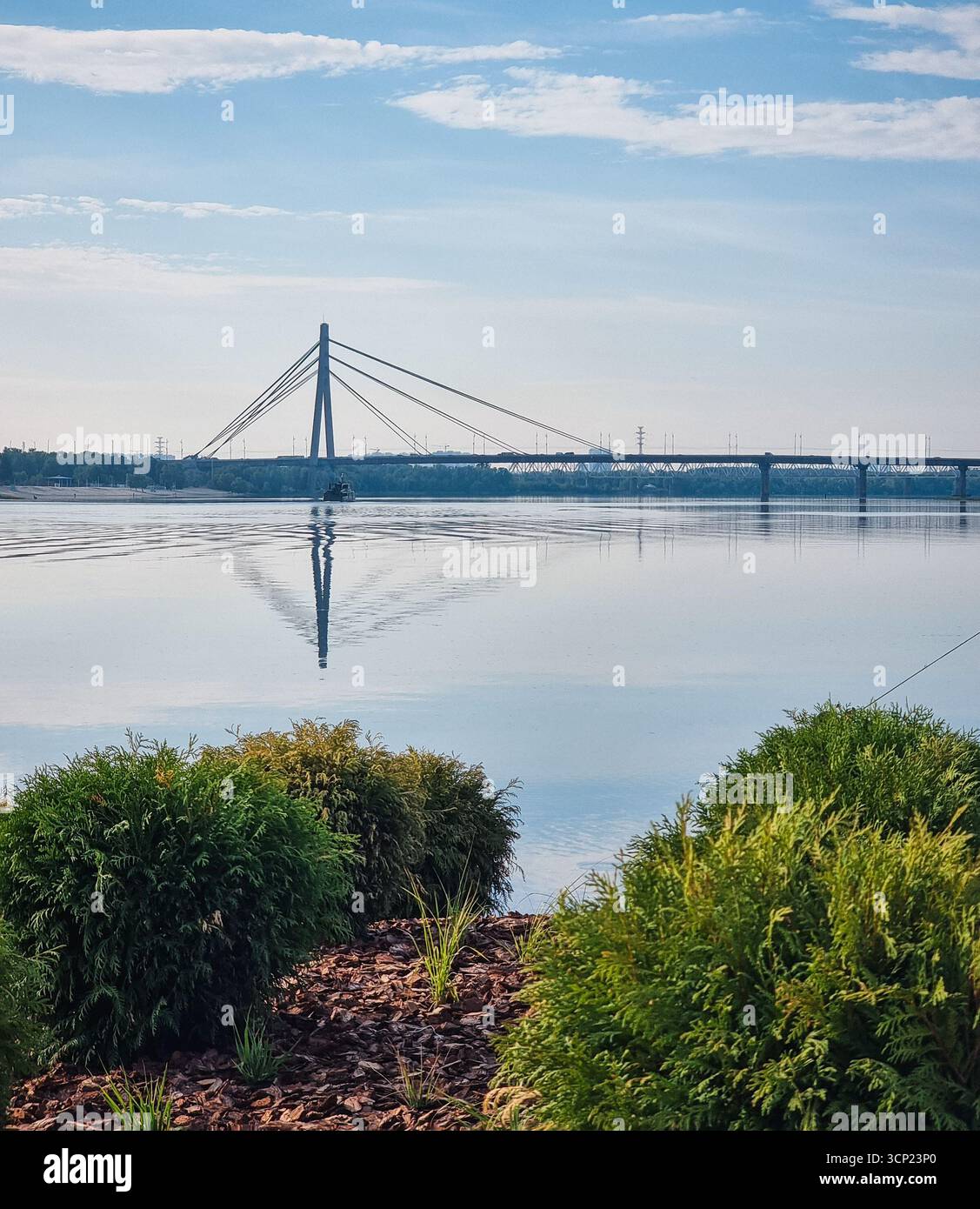 Eine Kabelbrücke über einen Fluss am Morgen. Silhouette der Pivnichnyi-Brücke (nördliche Brücke) zwischen dem vorderen und linken Ufer von Kiew. Stockfoto