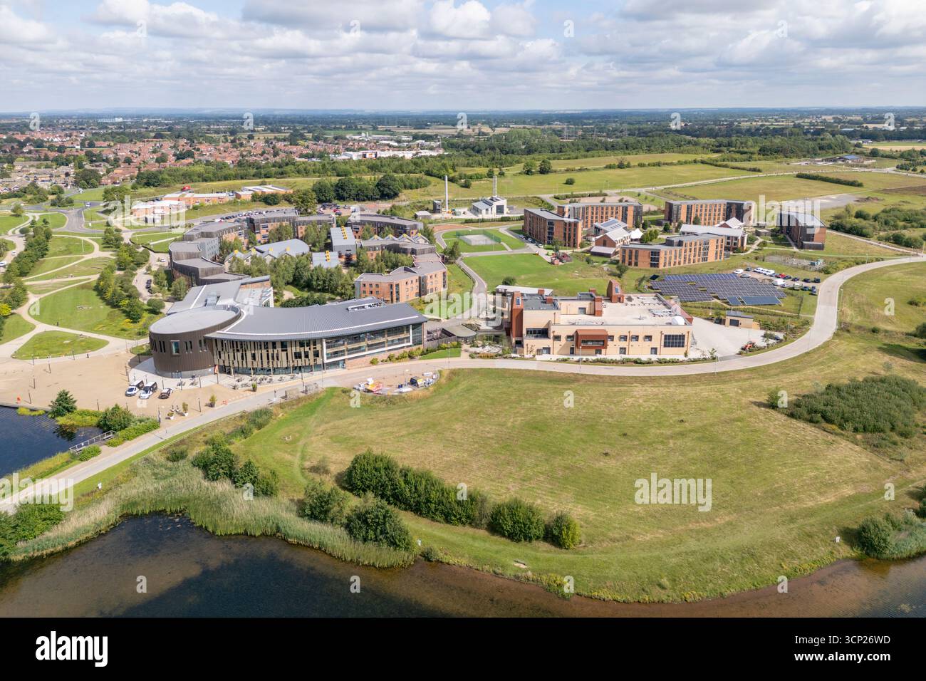 Luftaufnahme der University of York, Campus East, Heslington, York, Großbritannien. Stockfoto