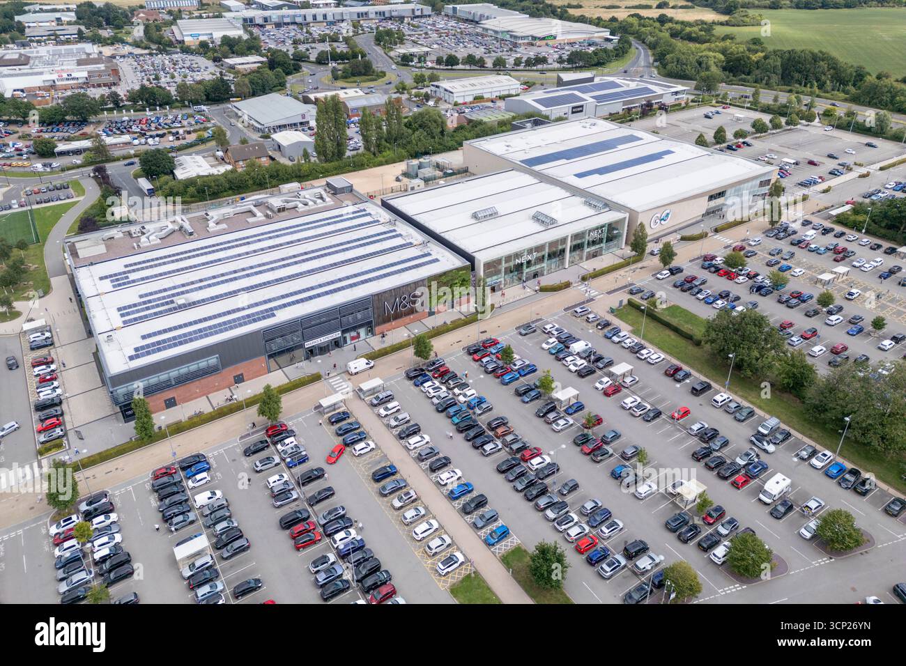 Aus der Vogelperspektive des Vangarde Shopping Park, York, Großbritannien. Stockfoto