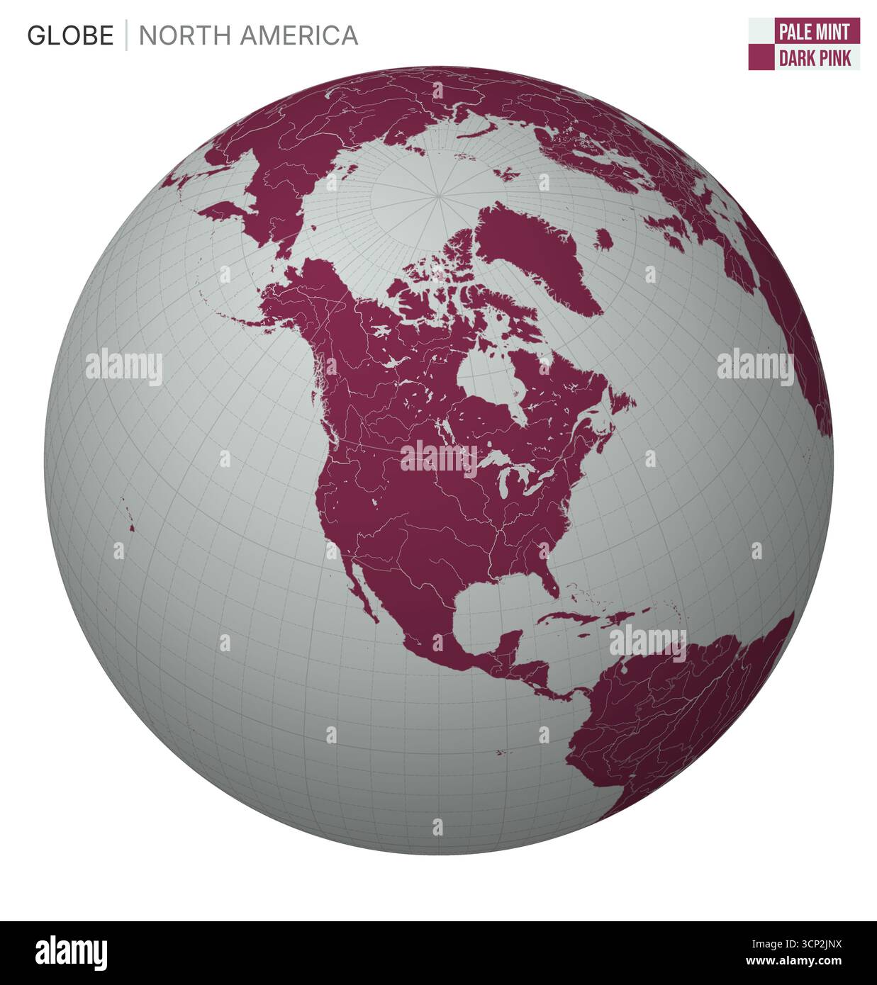 Vektor Globe zentriert auf Nordamerika. Palette Pale Mint Dark Pink. Weltkarte mit Meridianen, Parallelen, Ländern, Flüssen und Seen. Stock Vektor