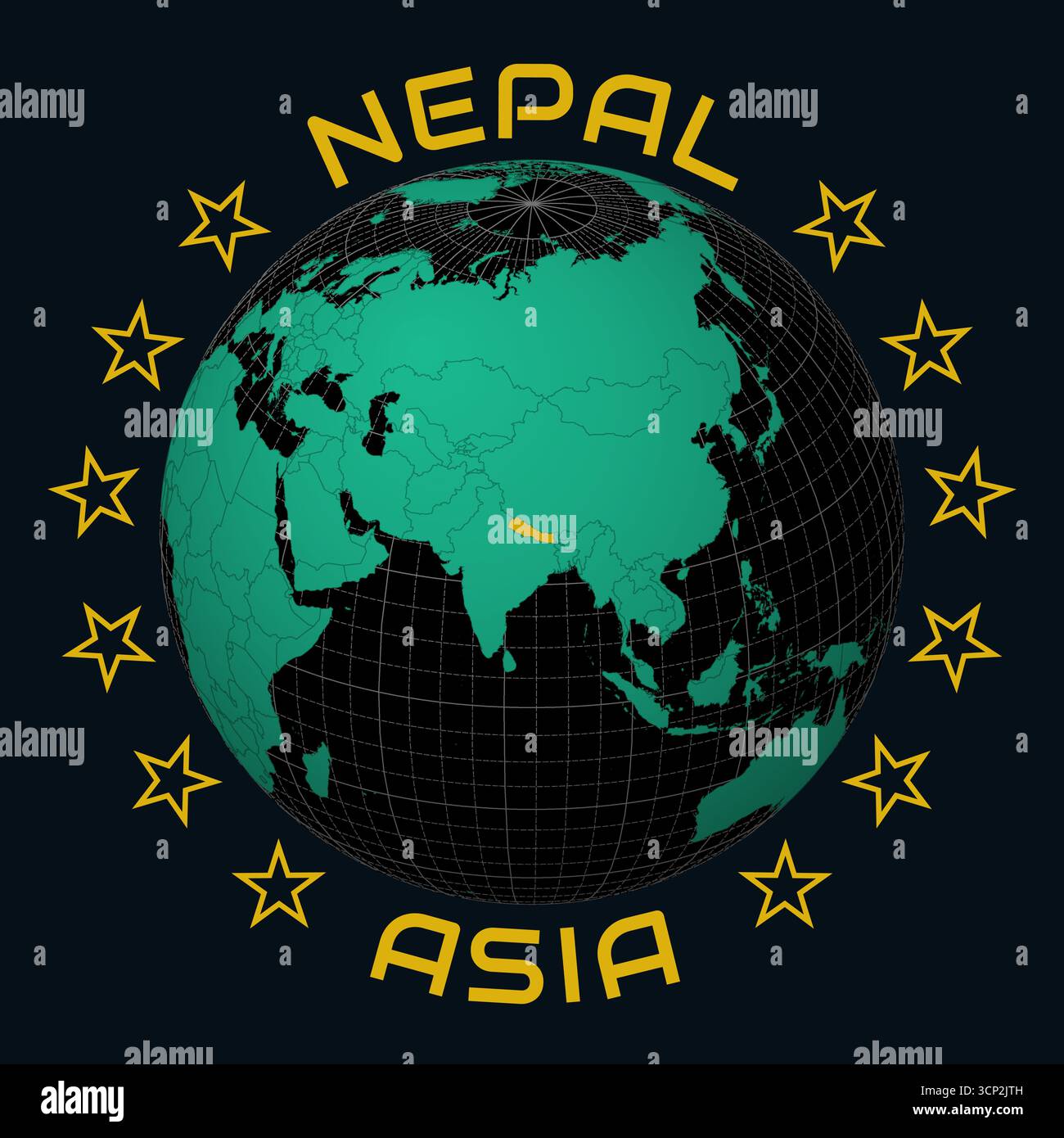 Nepal auf Globe. Runder Text für Land und Kontinent. Länderansicht auf Weltkarte in der Farbpalette Black Emerald. Nepal Form auf der Karte. Stock Vektor