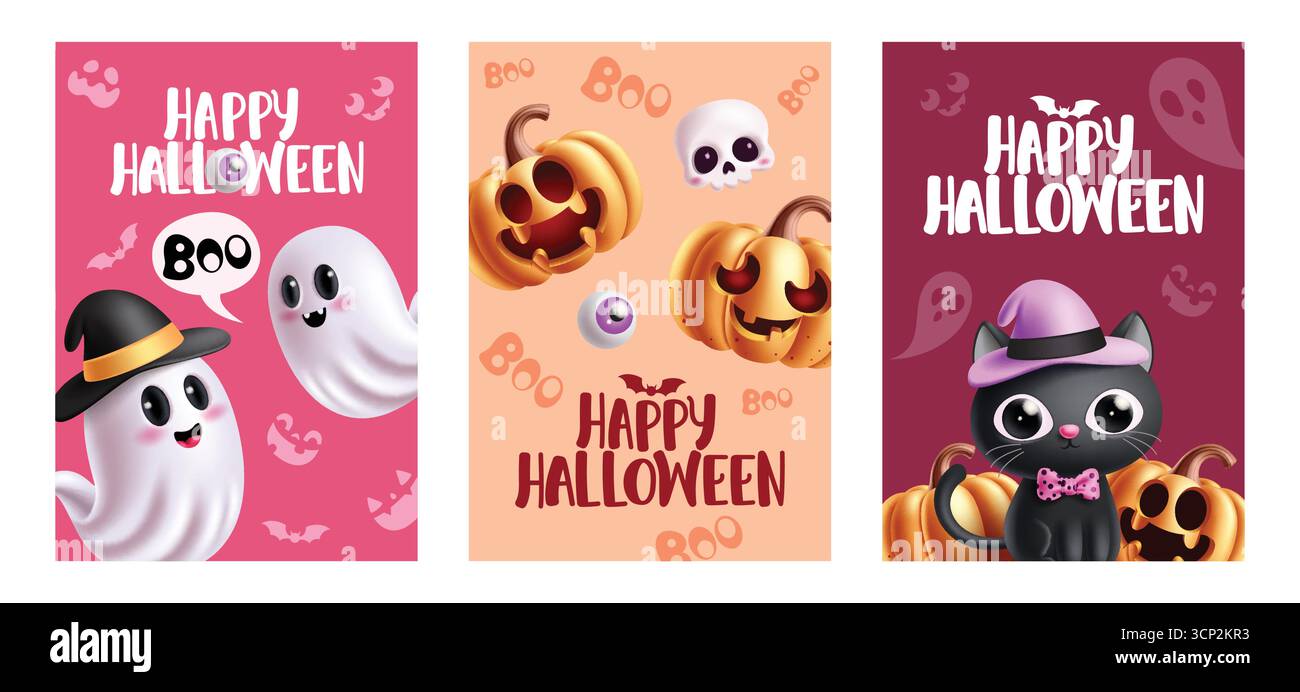 Happy Halloween Grußkarte Clipart Poster Set. Happy Halloween Gruß Text Clip Art mit niedlichen, gruseligen und lustigen Horrorfiguren Trick or Treat Stock Vektor