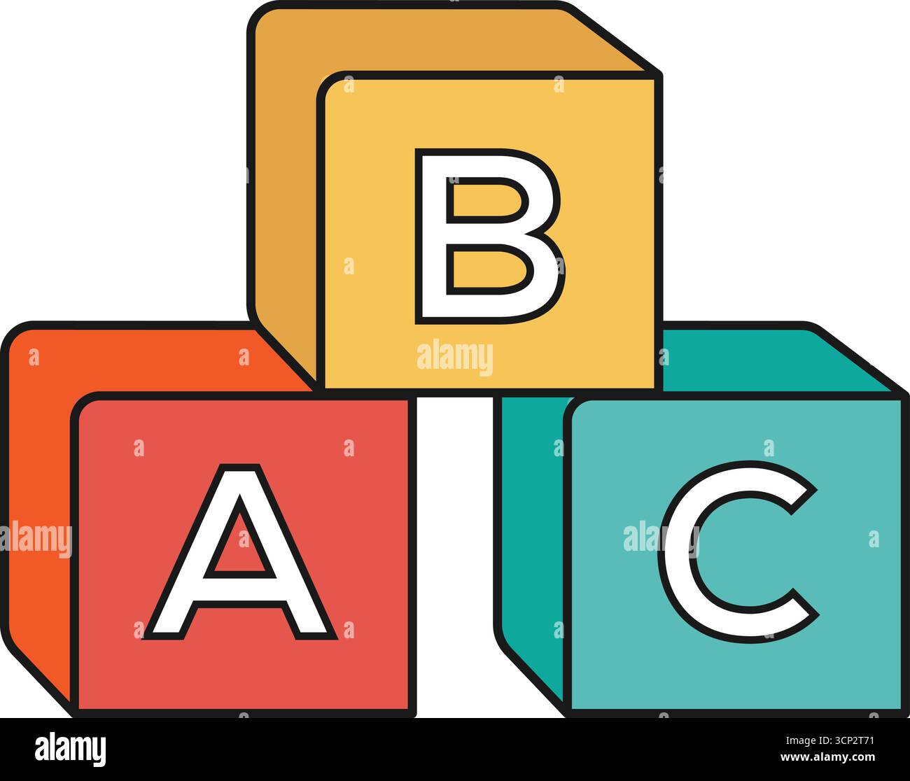 Alphabet blockiert Symbole Lernen, Bildung, Kind, Spielzeug, Entwicklung, Schule, bunt, Würfel, Sprache, Kommunikation auf weißem Hintergrund. Stock Vektor