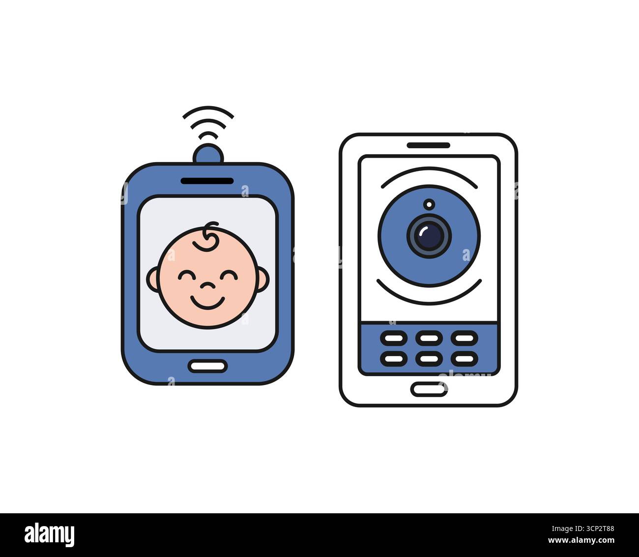 Symbole für Babyphone drahtloses Gerät, Kamera, Video, Audio, Bildschirm, Kinderbetreuung, Sicherheit, Kinderzimmer, Verbindung, Technologie auf weißem Hintergrund. Stock Vektor