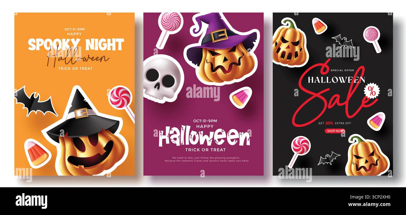 Gruselige Nacht Halloween Grußkarte Vektor Illustration mit Kürbis, Fledermaus und Süßigkeiten Design Stock Vektor