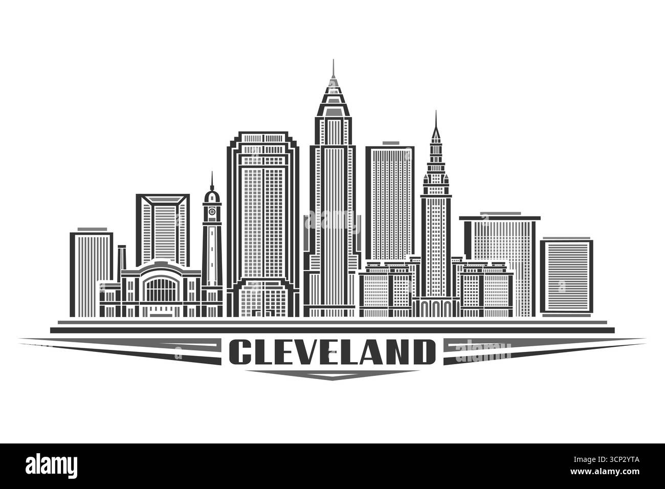 Vektor-Illustration von Cleveland, monochrome horizontale Karte mit linearem Design berühmte cleveland Stadtlandschaft, Urban Line Art Konzept mit dekorativer le Stock Vektor
