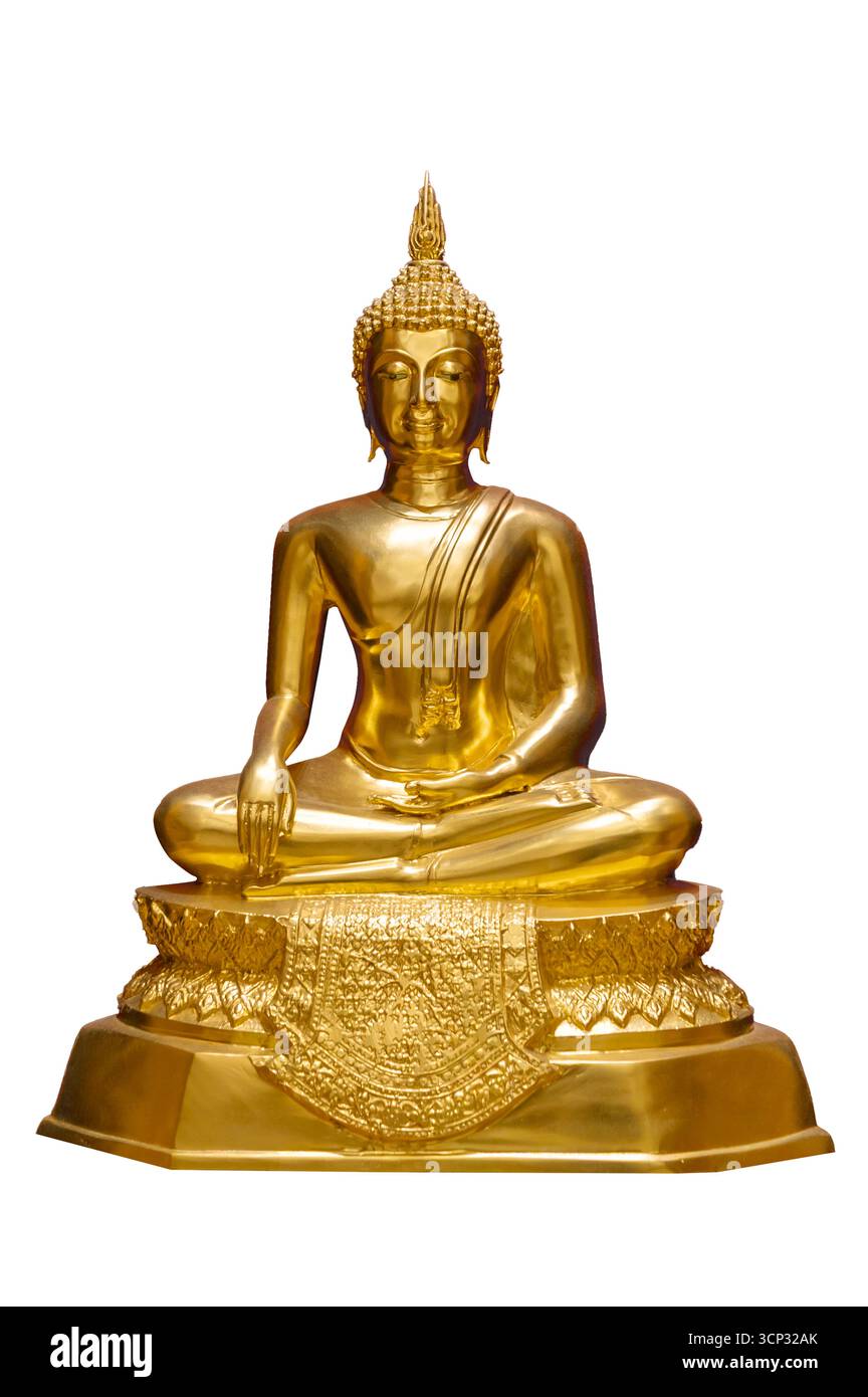 Goldene Buddha-Statue, die isoliert auf weißem Hintergrund meditiert Stockfoto