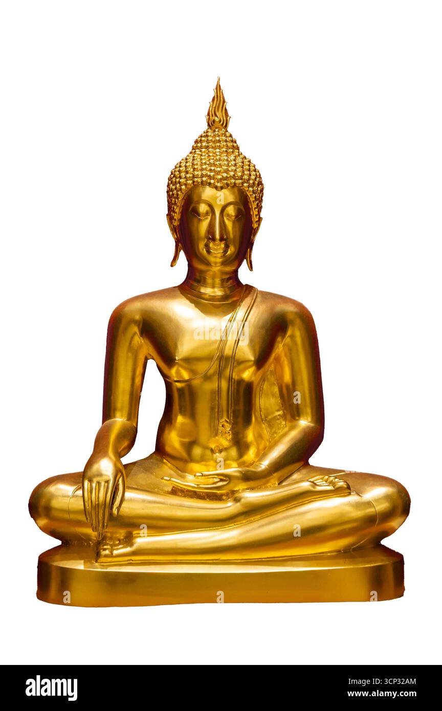 Goldene Buddha-Statue, die isoliert auf weißem Hintergrund meditiert Stockfoto