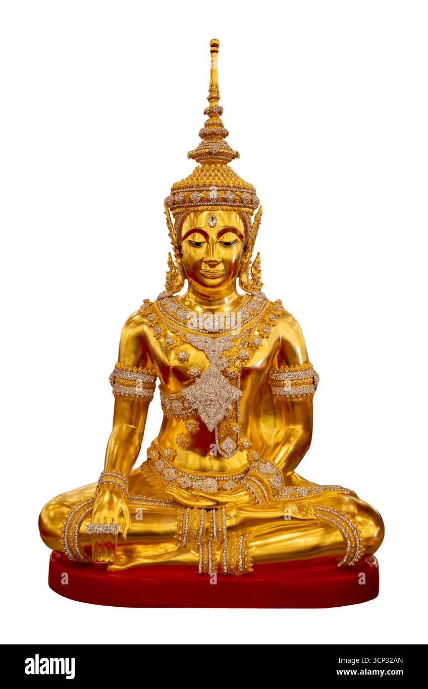 Somdej Ong Phra Pathom Goldene Buddha-Statue, die isoliert auf weißem Hintergrund meditiert Stockfoto