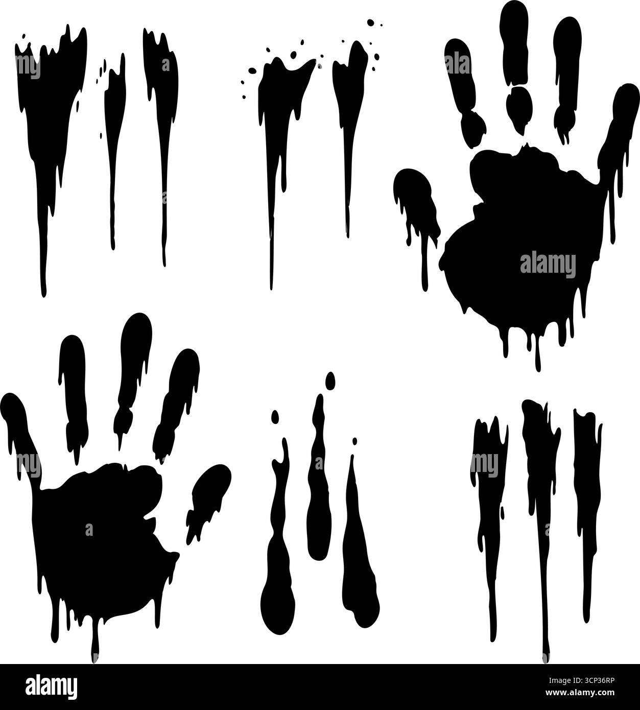 Grunge-Vektor-Sammlung von schwarzen tropfenden Handabdrücken und Spritzern. Silhouette Horror-Elemente für dunkle Kunst Stock Vektor