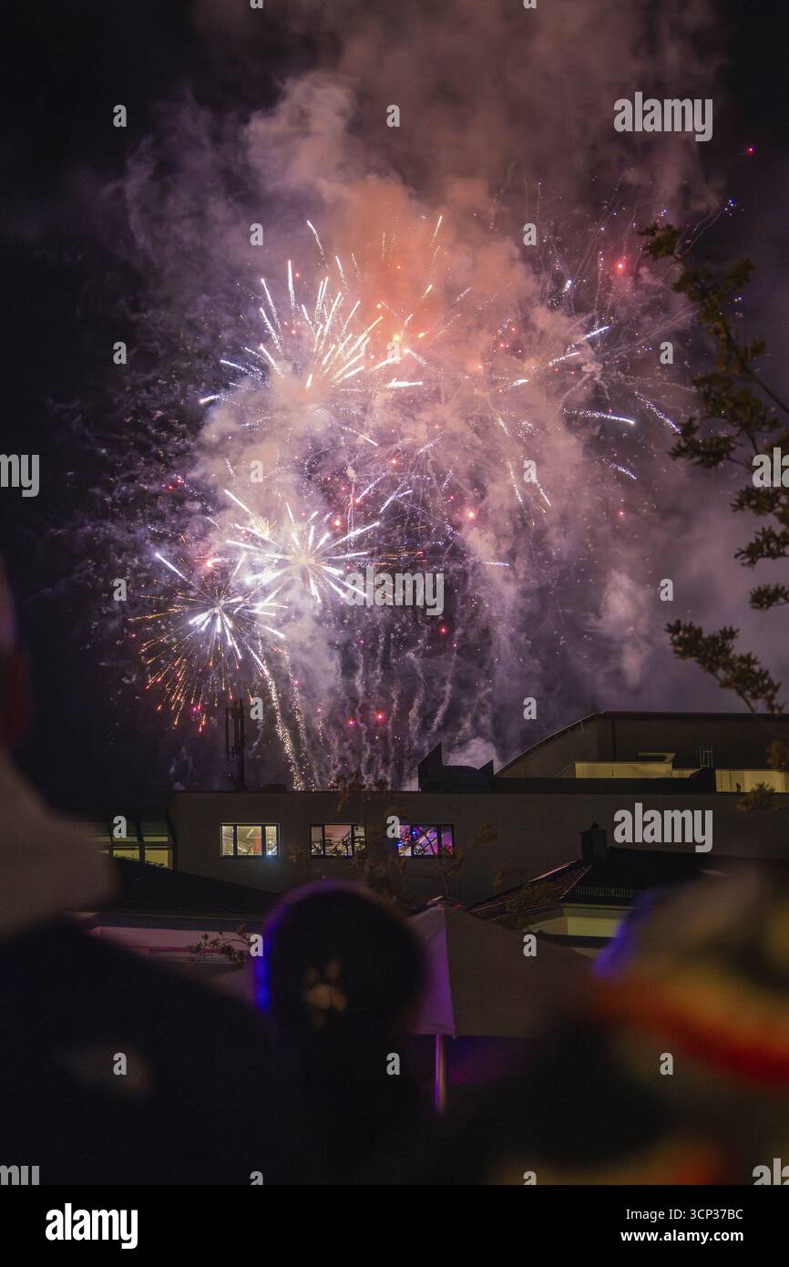 Leute, die Feuerwerk am Nachthimmel beobachten, Feuernacht, Sindelfingen, Deutschland Stockfoto