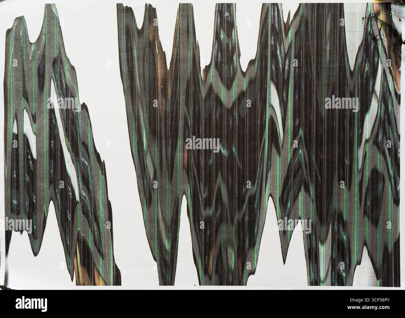 Schwarz mit grünen und roten Farbtupfen auf weißem Papier, erstellt mit Fotokopiertechnik Stockfoto