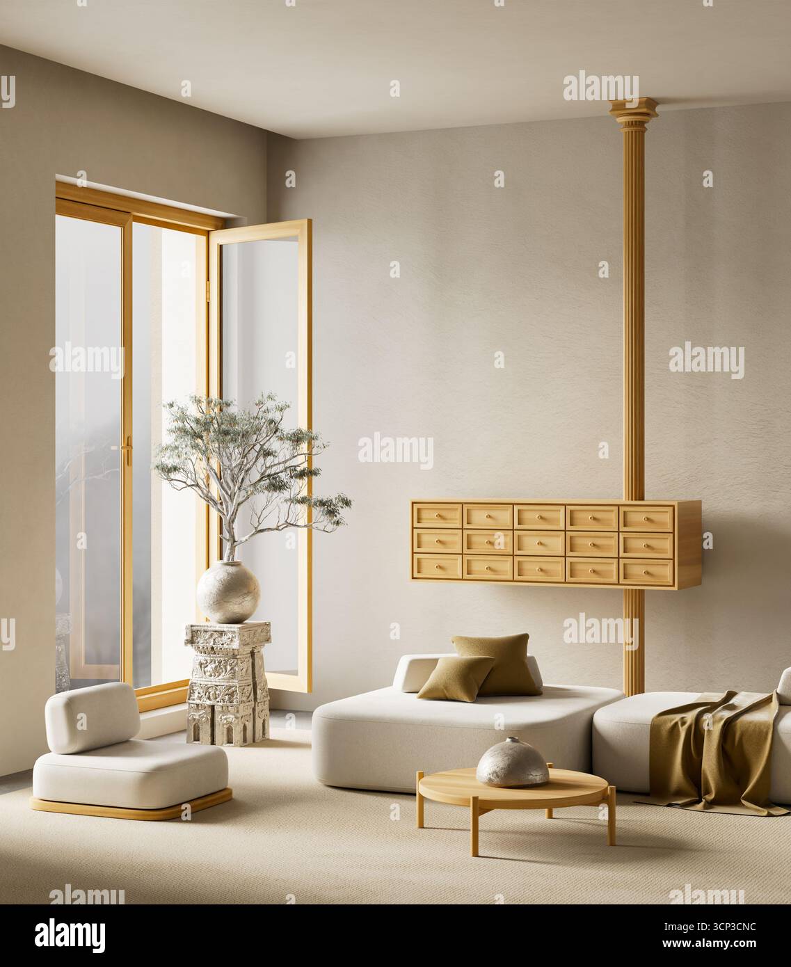 Stilvolles, modernes Wohnzimmer mit minimalistischem Dekor, gemütlichen Möbeln und natürlichen Details für ein helles und elegantes Wohndesign. 3D-Illustration Stockfoto