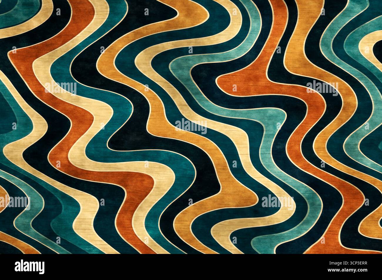 Retro-Design-Konzept. Buntes Welliges Streifenmuster Mit Vintage-Textur In Erdtönen Nahtloser Hintergrund Extreme Nahaufnahme Stockfoto