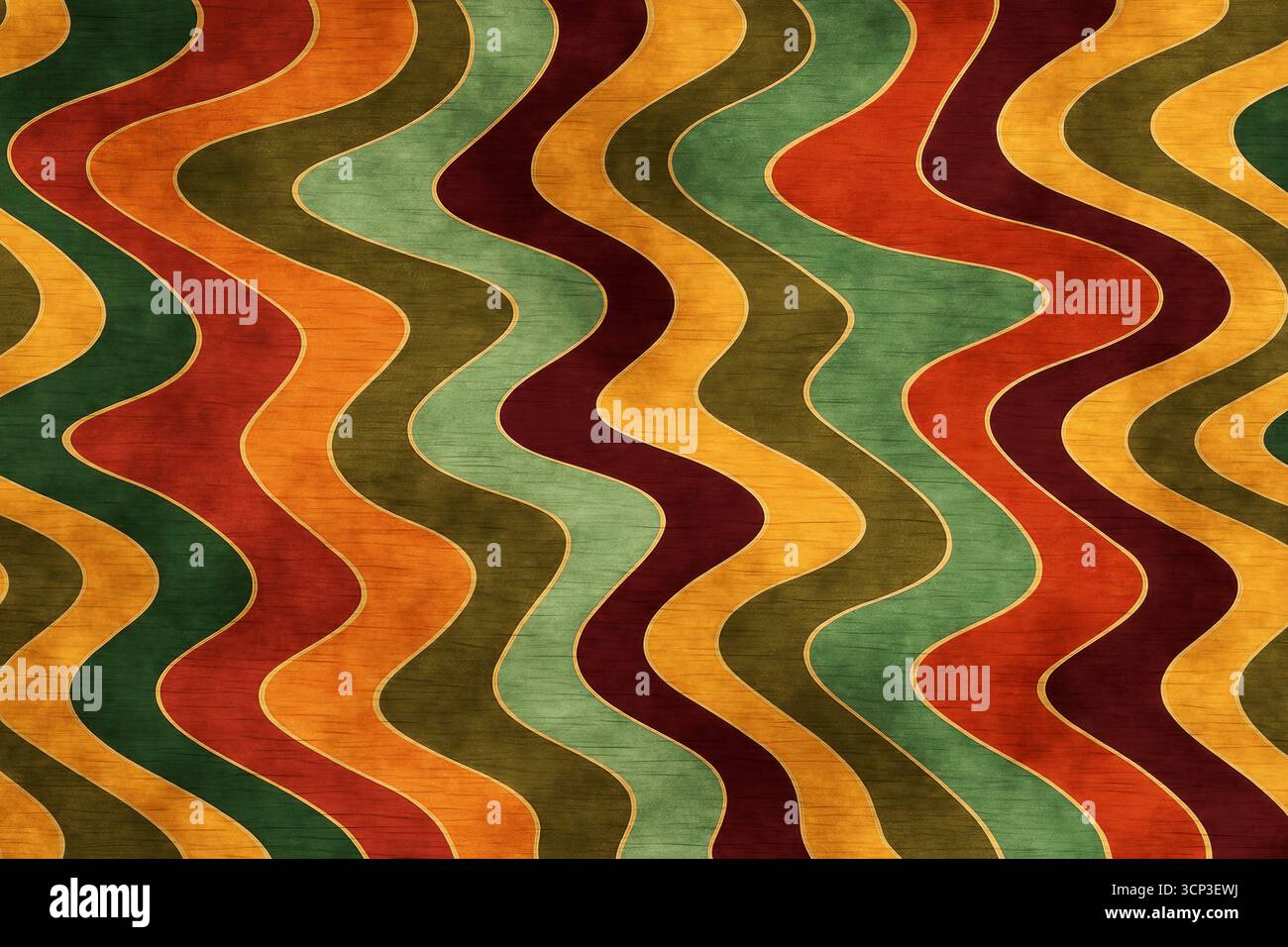 Retro-Design-Konzept. Buntes Welliges Streifenmuster Mit Vintage-Textur In Erdtönen Nahtloser Hintergrund Extreme Nahaufnahme Stockfoto