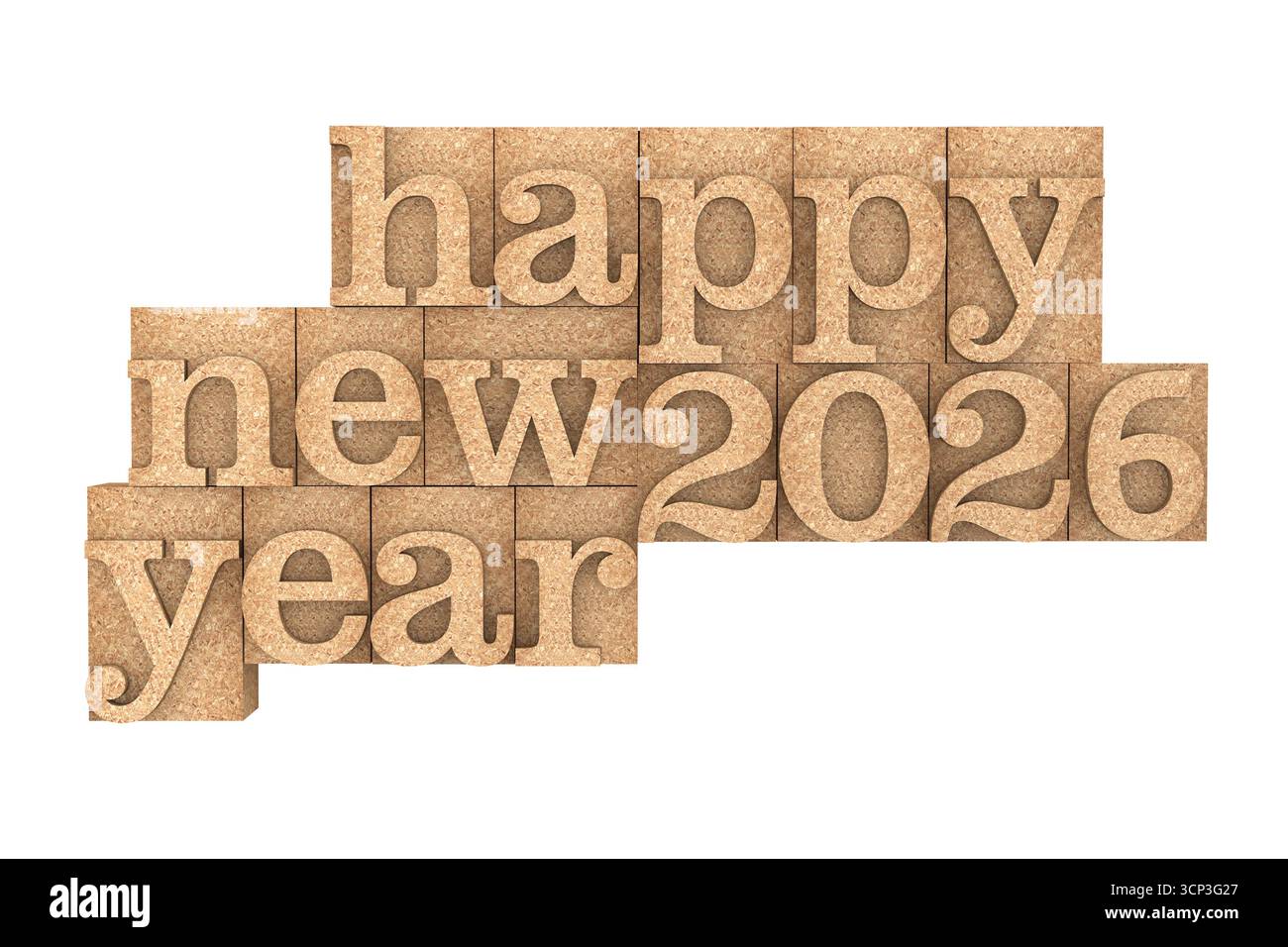 Druckblöcke in Vintage-Holzart mit „Happy New 2026 Year“-Schriftzug auf weißem Hintergrund. 3D-Rendering Stockfoto