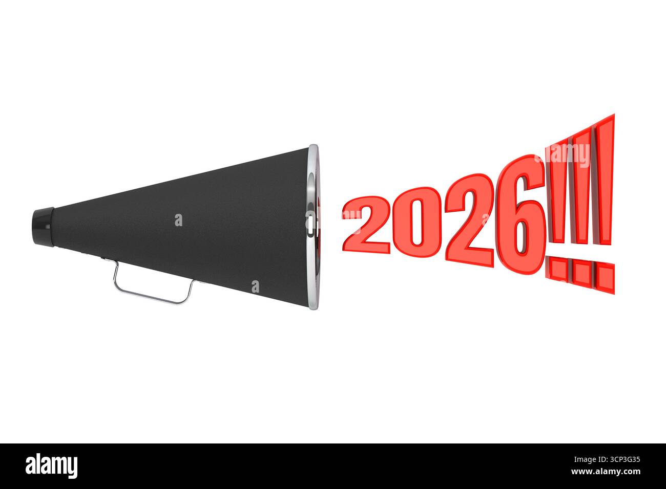 Schwarzes Vintage Megaphon mit 2026-Jahres-Schild auf weißem Hintergrund. 3D-Rendering Stockfoto
