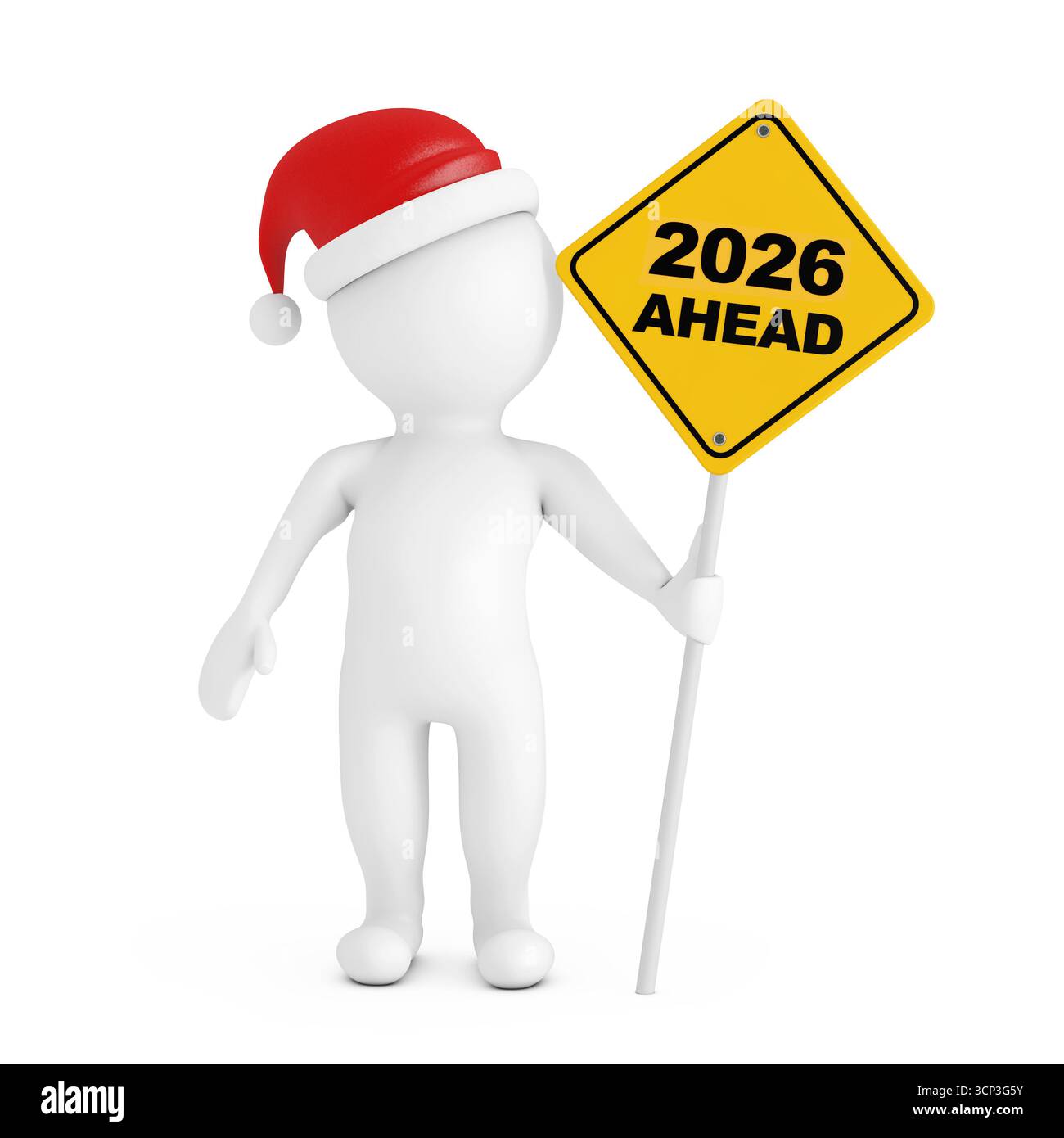 3D-Person mit Verkehrszeichen 2026 auf weißem Hintergrund. 3D-Rendering Stockfoto