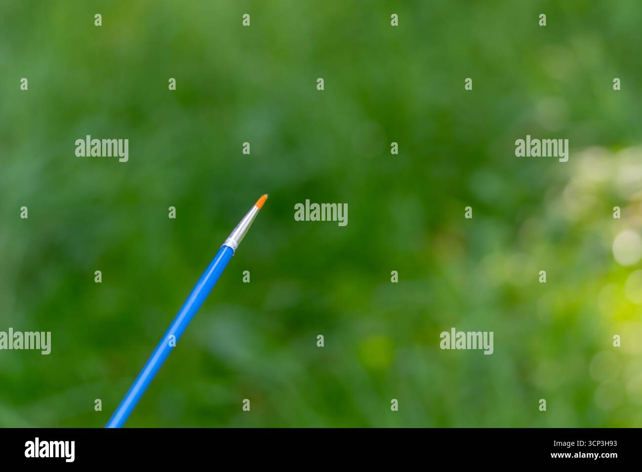 Ein kleiner Pinsel mit einer orangefarbenen Spitze steht vor einem unscharfen grünen Hintergrund. Der blaue Griff bildet einen lebhaften Kontrast. Stockfoto