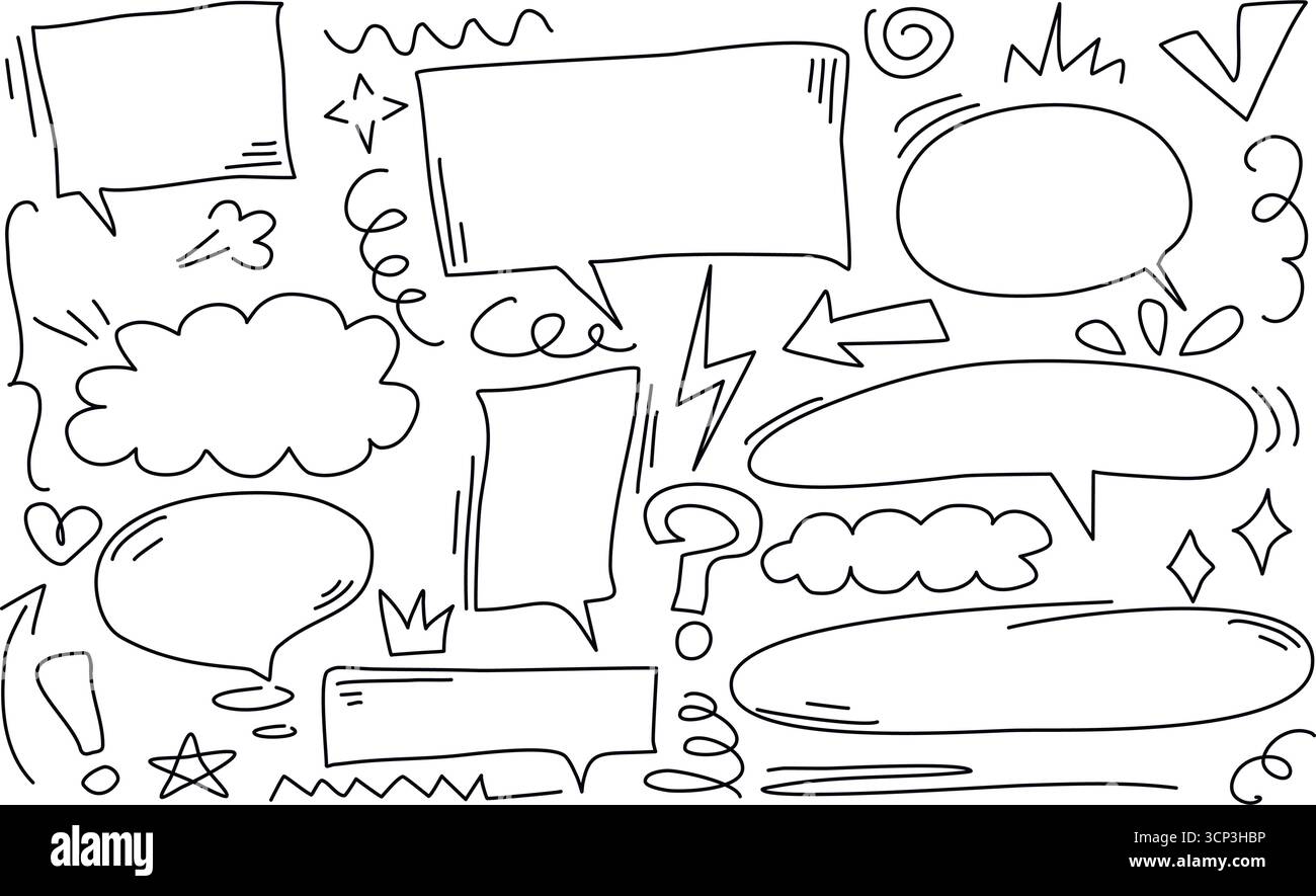 Handgezeichnete Doodle-Elemente - Stern, Pfeil, Krone, Wolke, Sprechblase, Hervorheben, Linien. Satz von Tintenskizzen mit niedlichen einfachen Symbolen und Scribbles für Stock Vektor