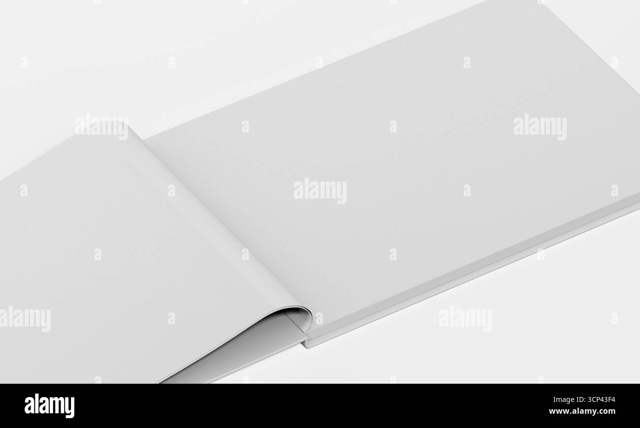 Offenes Buchmodell isoliert auf weißem Hintergrund mit minimalem Design. 3D-Rendering Stockfoto