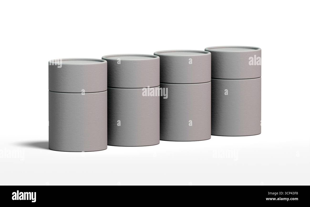 Vier minimalistische zylindrische Behälter, die auf einem sauberen weißen Hintergrund ausgerichtet sind. 3D-Rendering. Stockfoto