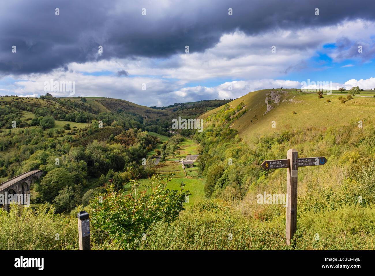 Wegweiser für den Fußweg am Monsal Head oberhalb des Monsal Dale und des Monsal Dale Trail über das Viadukt im Peak District National Park. Bakewell Derbyshire England Großbritannien Stockfoto