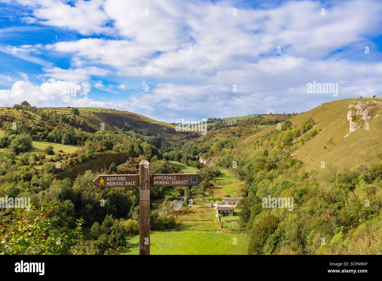 Wegweiser für den Fußweg am Monsal Head oberhalb des Monsal Dale im Peak District National Park. Bakewell, Derbyshire, England, Großbritannien Stockfoto