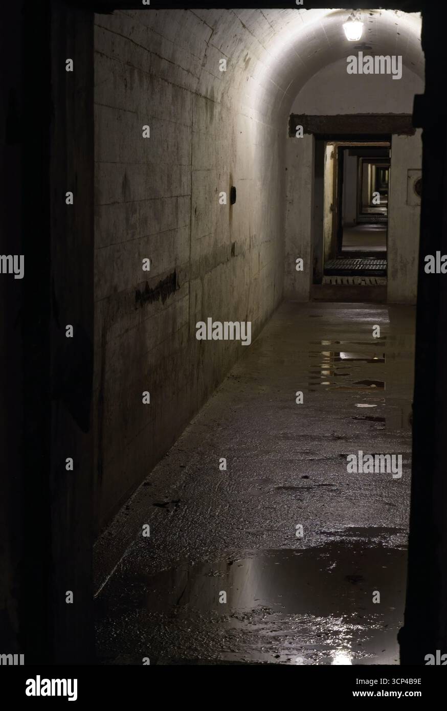 Inowlodz, Polen - 13. September 2025: Führerzentrale Anlage Mitte. Hier wurden ein 380 Meter langer Zugbunker und weitere große Bunker errichtet. Sonnig Stockfoto