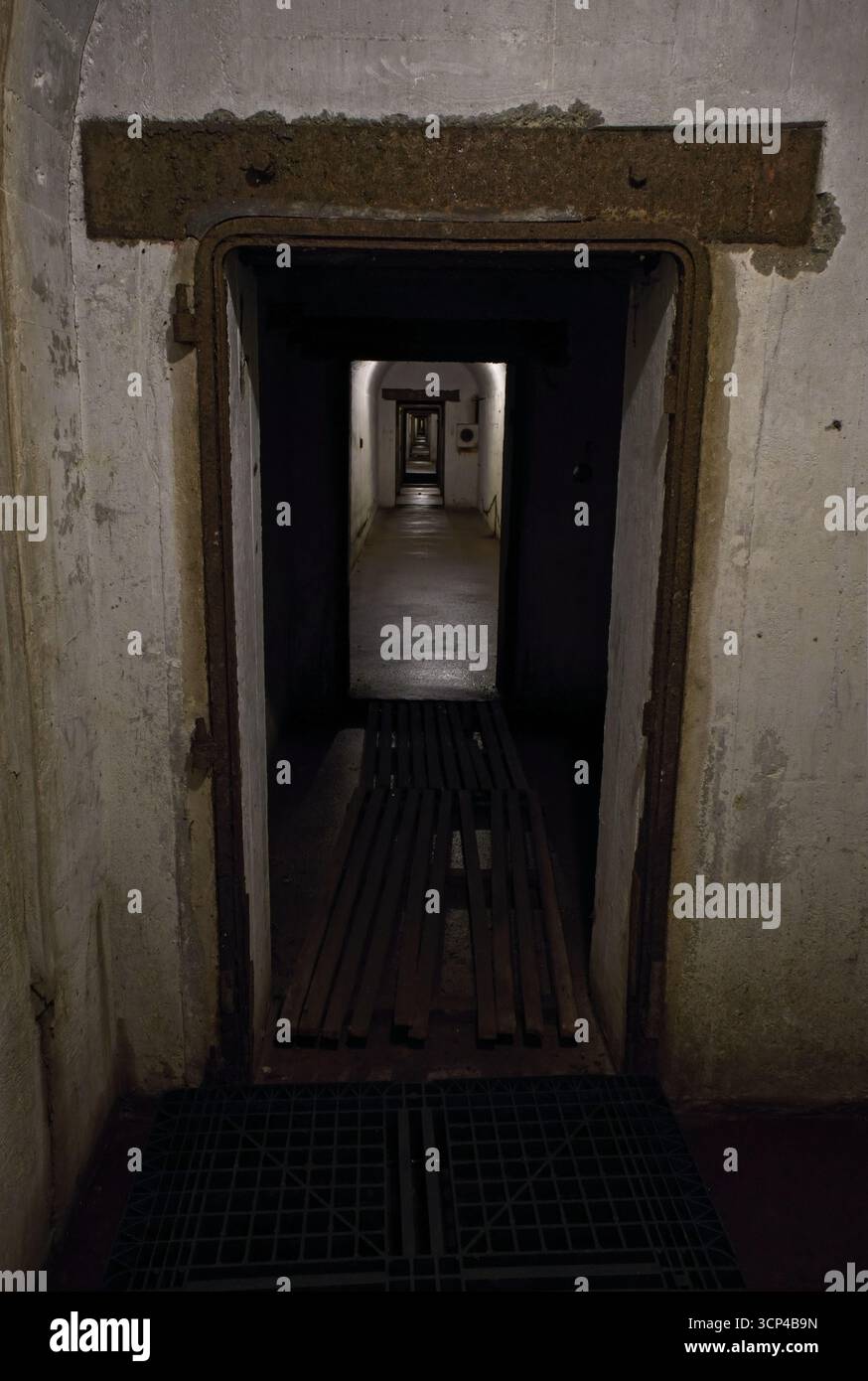 Inowlodz, Polen - 13. September 2025: Führerzentrale Anlage Mitte. Hier wurden ein 380 Meter langer Zugbunker und weitere große Bunker errichtet. Sonnig Stockfoto