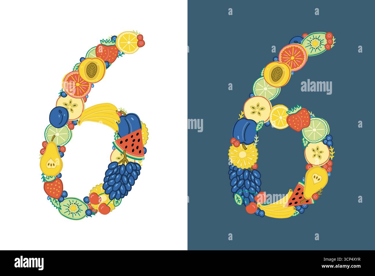 Bunte Zahl 6 aus Früchten und Beeren, Illustration im Doodle-Stil, isoliert auf weißem und dunkelblauem Hintergrund. Stock Vektor