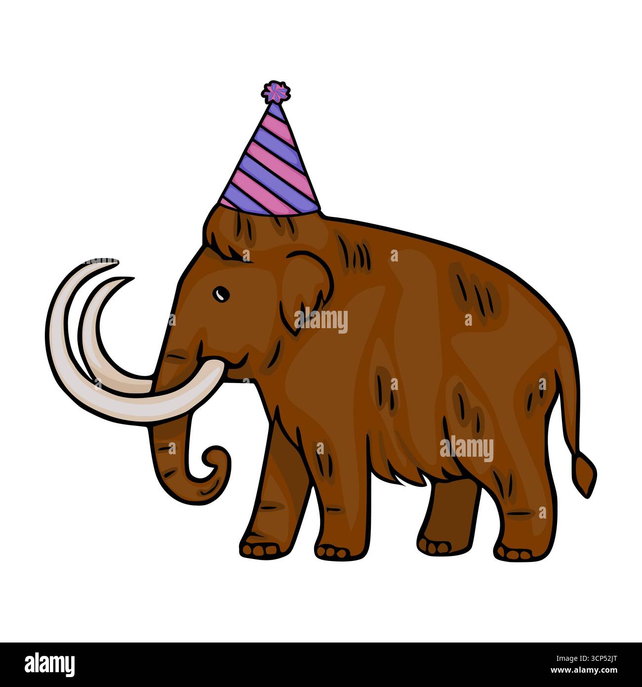 Festliche Vektor-Illustration eines Wollammuts, das einen gestreiften Partyhut trägt, ein charmantes Charakterdesign, das perfekt für Geburtstagsfeiern oder Prähisto ist Stock Vektor