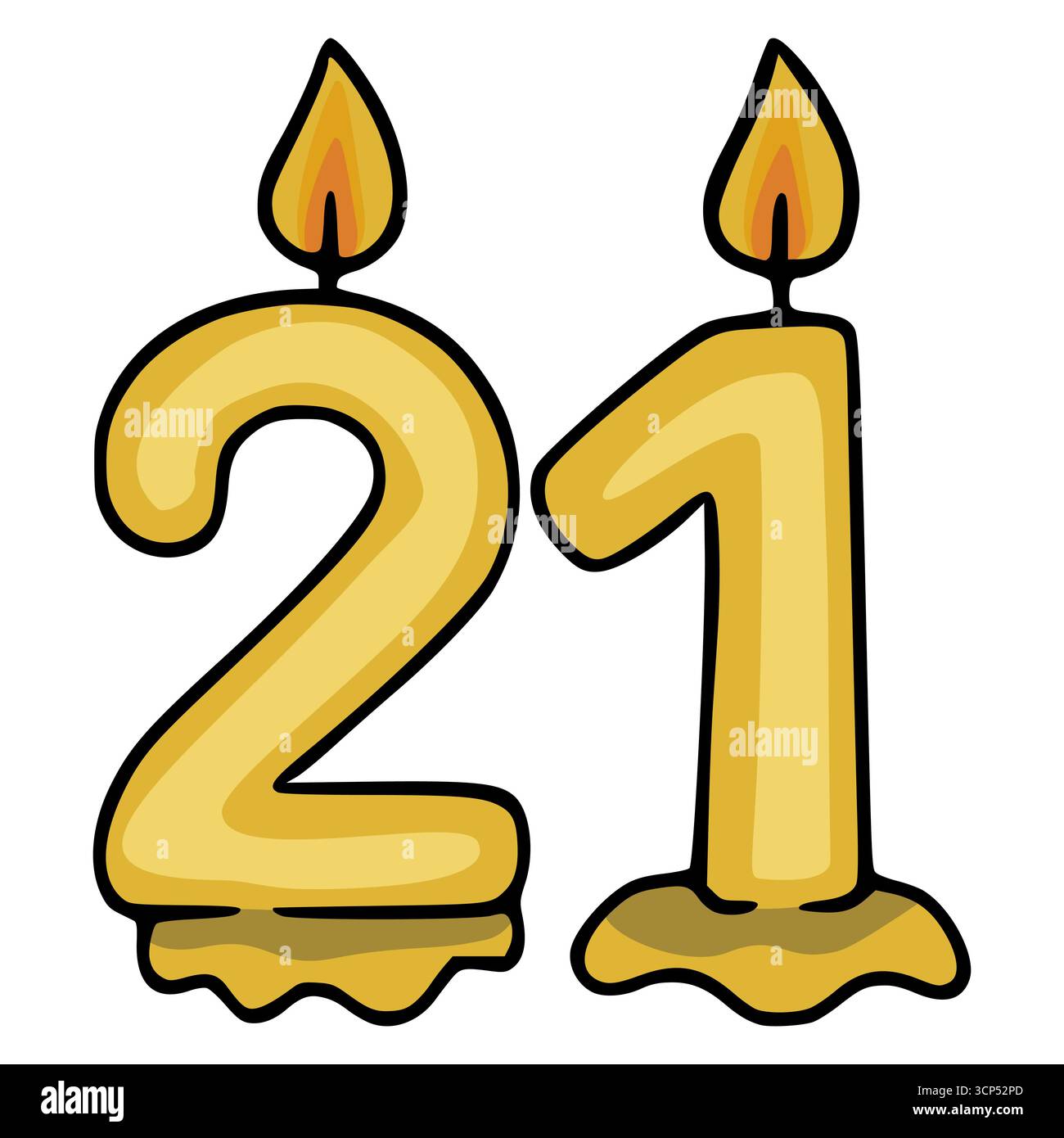 Festliche Vektor-Illustration von zwei goldenen Geburtstagskerzen, die die Zahl 21 bilden, mit realistisch gerendertem tropfendem Wachs und detaillierten Flammen. Stock Vektor