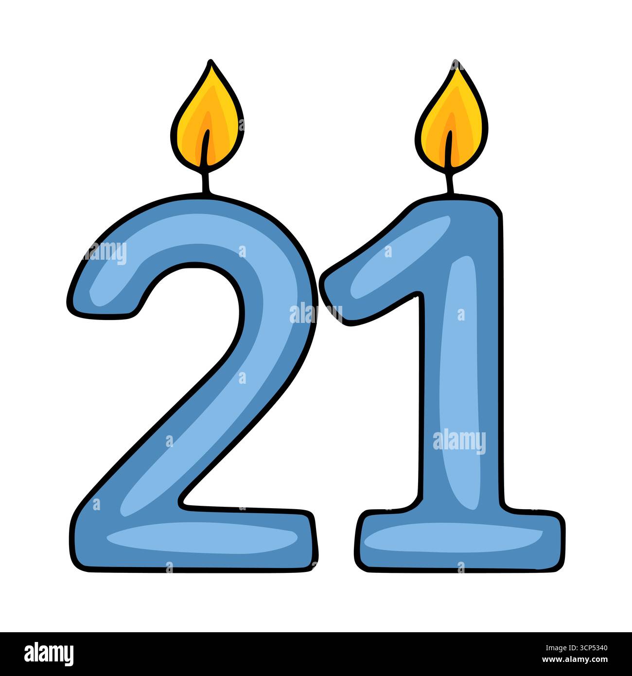 Festliche Vektor-Illustration von zwei blauen Kerzen, die die Zahl 21 bilden, jede mit einer leuchtenden gelben Flamme, perfekt für Geburtstagsfeiern und Einladungen Stock Vektor