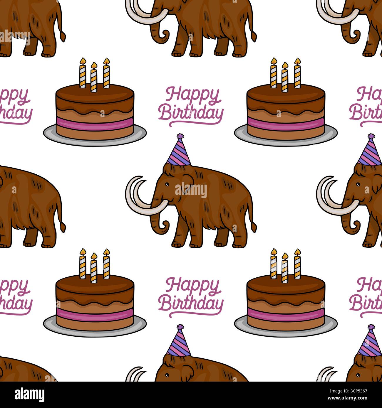 Nahtloses Vektormuster mit entzückenden Wollmammuts, die Geburtstage mit köstlichen Schokoladenkuchen und festlichen Partyhüten feiern und eine pla schaffen Stock Vektor