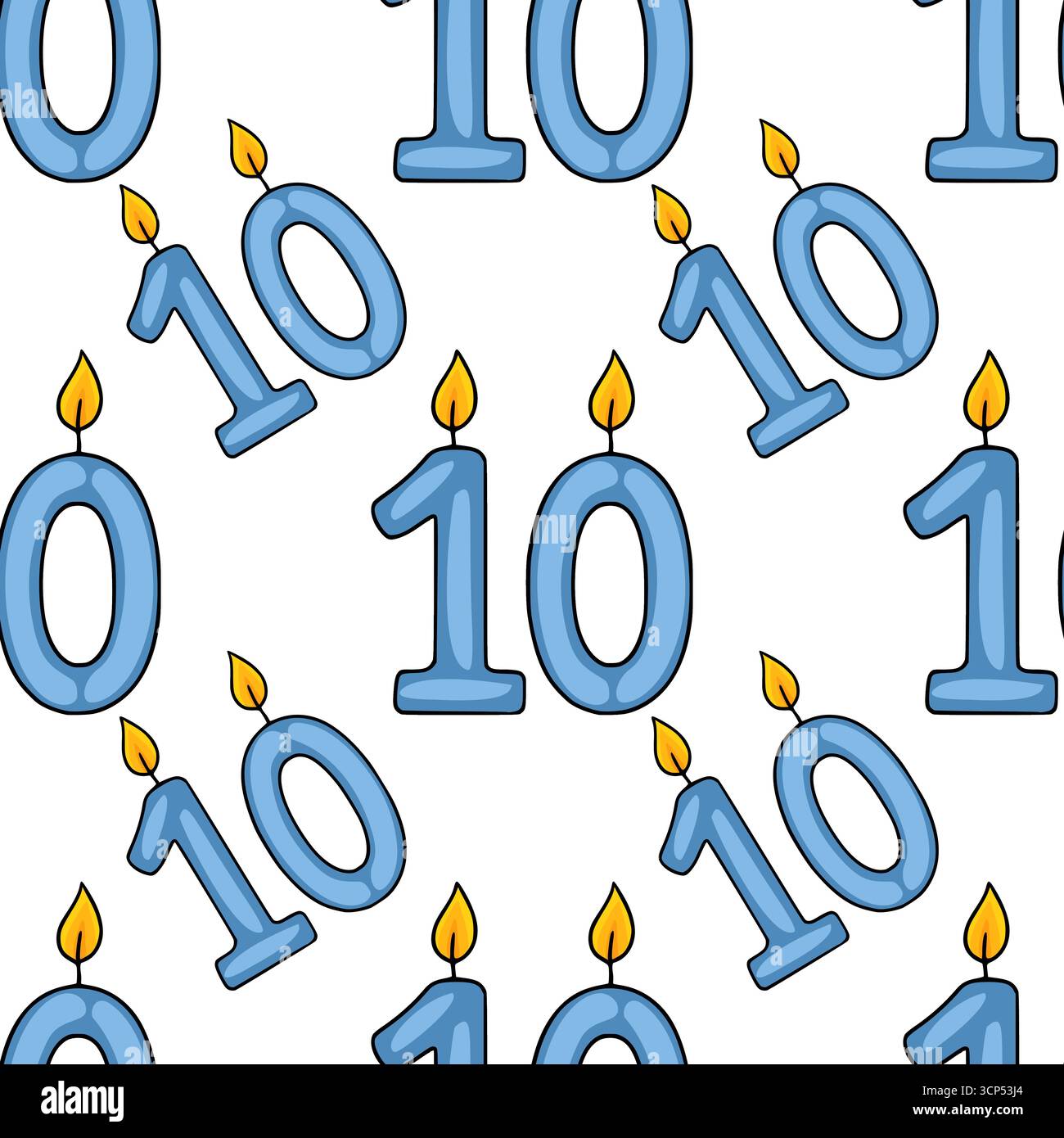 Nahtloses Vektormuster der hellblauen Zahl zehn Geburtstagskerzen mit gelben Flammen, perfekt für festliche Hintergründe und Feiern. Stock Vektor