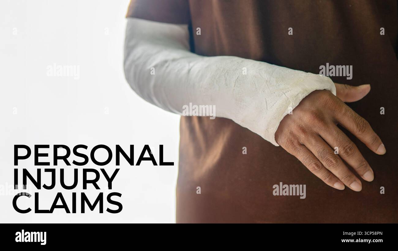 Der Arm einer Person ist in einem weißen Gips mit Text eingefasst. Medizin- und Gesundheitskonzept. Stockfoto