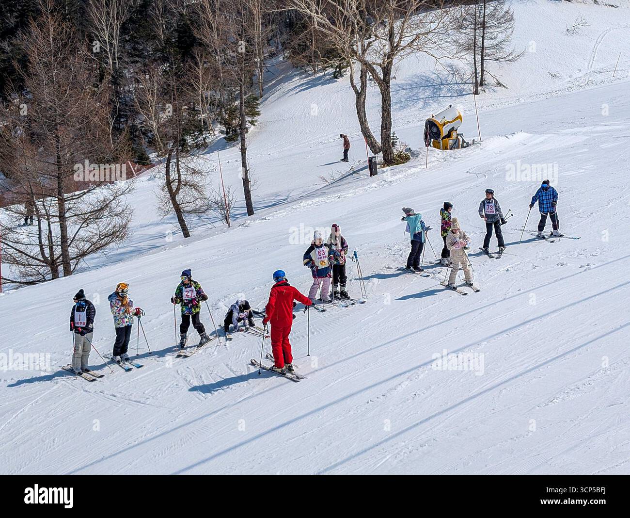 Skilehrer unterrichtet eine Gruppe von Kindern auf einer schneebedeckten Piste in einem japanischen Resort Stockfoto