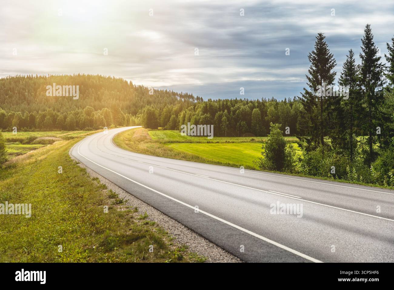 Kurvige Straße durch die malerische Landschaft Finnlands Stockfoto