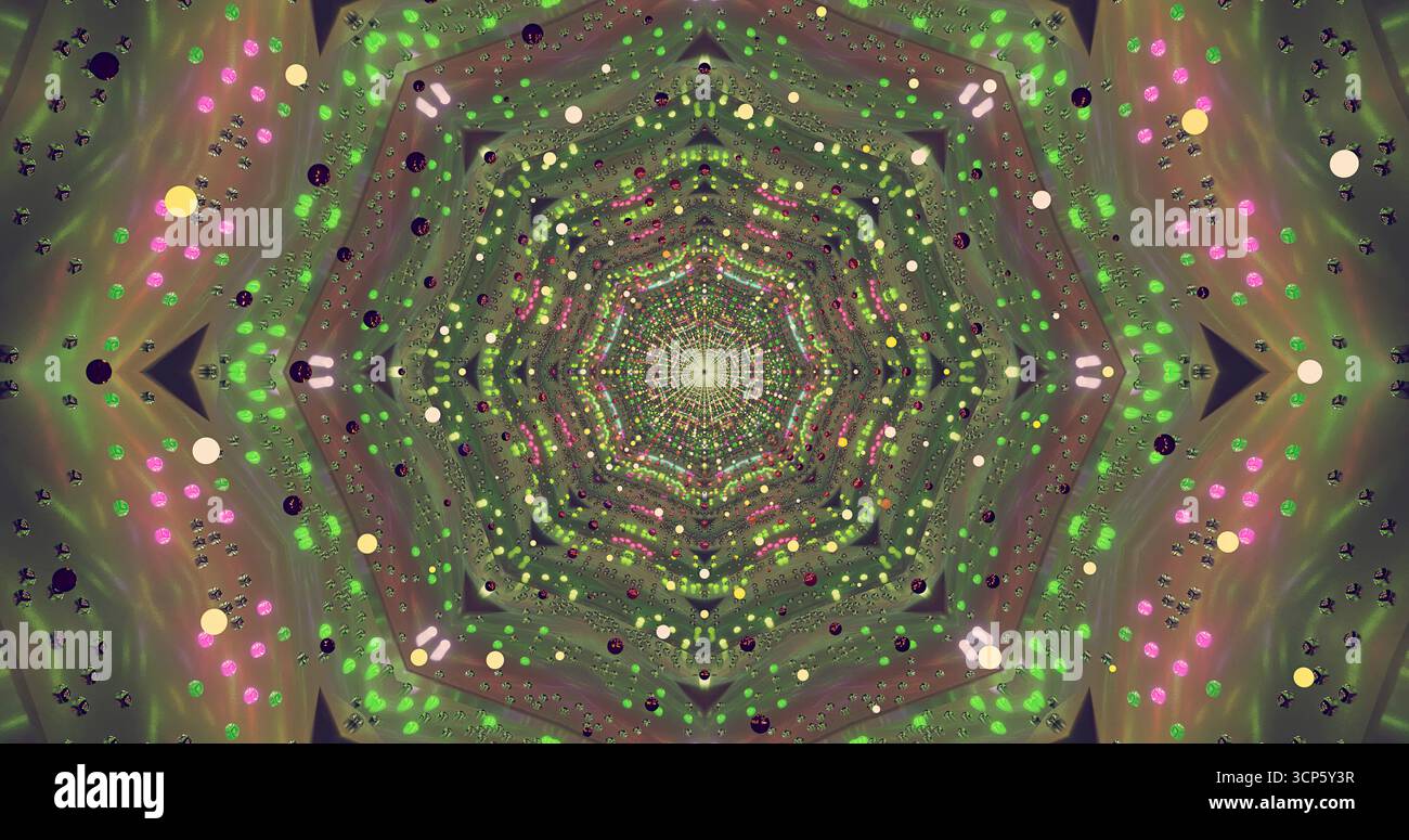 Dieses Kunstwerk verfügt über ein lebendiges kaleidoskopisches Design mit wirbelnden Farben und Formen, die einen bezaubernden visuellen Effekt erzeugen. Die Muster ziehen das Auge auf Stockfoto