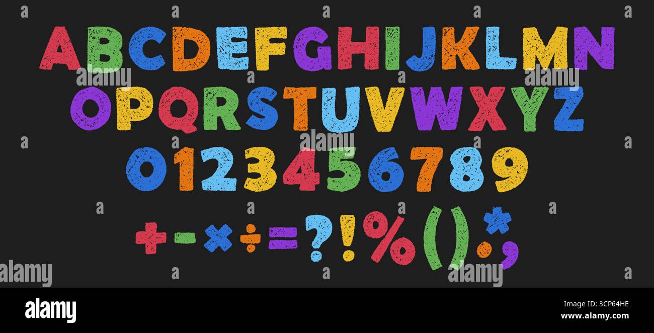 Buntstift-Kinderschrift, lustiges, verspieltes Alphabet. Handgezeichnetes Doodle-Typescript. Schulwachsstift abc. Niedliche Kindergarten-Handschriftenbriefe, Stock Vektor