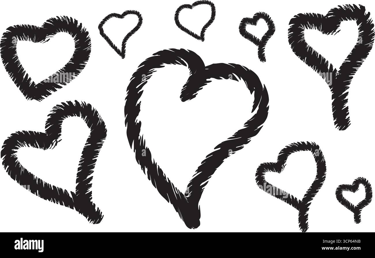 Grunge Pinsel Herz Vektor Set - Hand gezeichnet Rough Doodle Hearts für Liebe, Valentinstag, Hochzeit Design Stock Vektor
