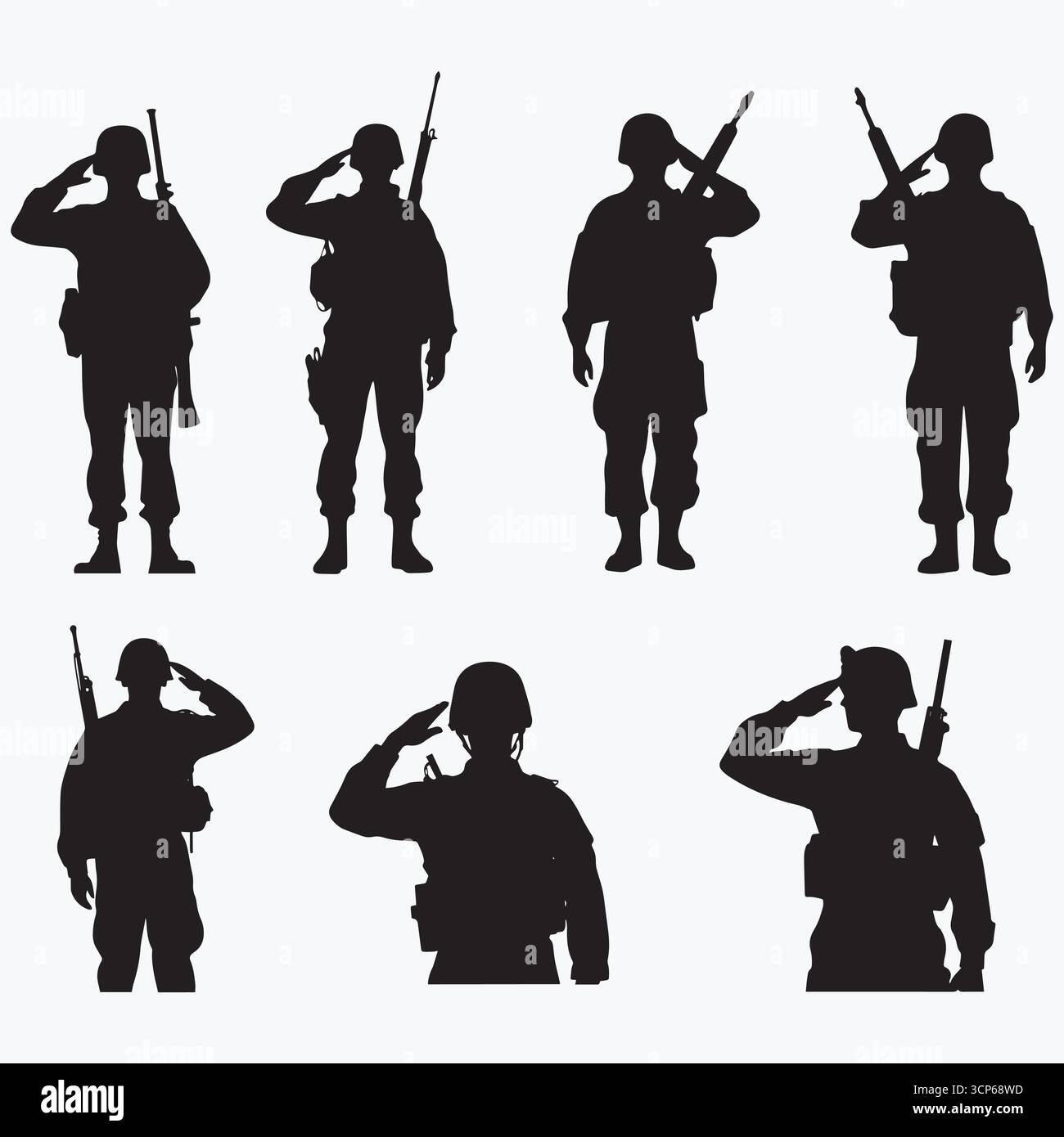 Military Soldier Salute Silhouetten Vector Set – Army Men in Uniform mit Gewehr isoliert auf weiß für patriotisches oder Kriegsdesign Stock Vektor