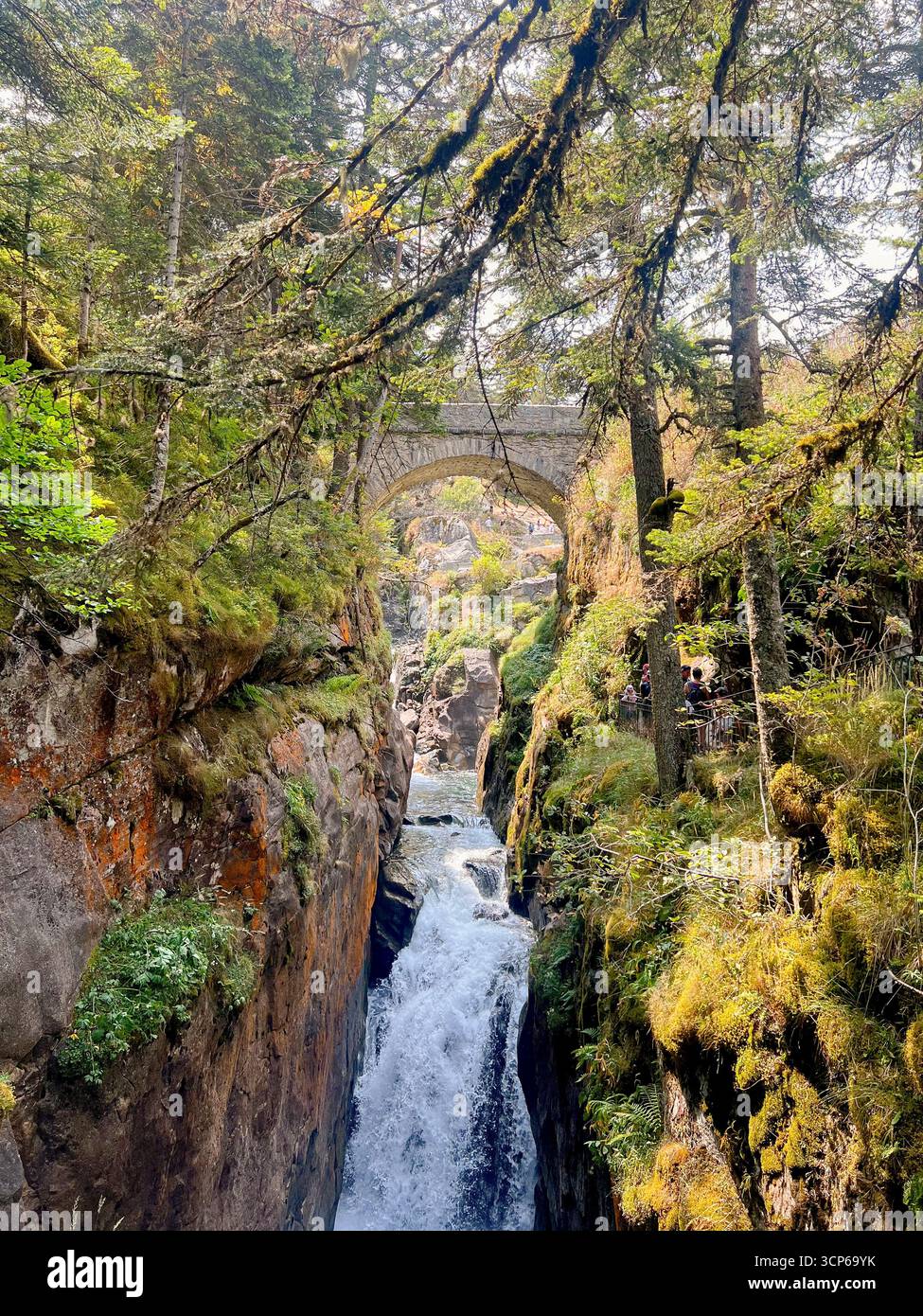 Erkunden Sie die atemberaubenden Kaskaden am Pont d'Espagne in den Pyrenäen Stockfoto