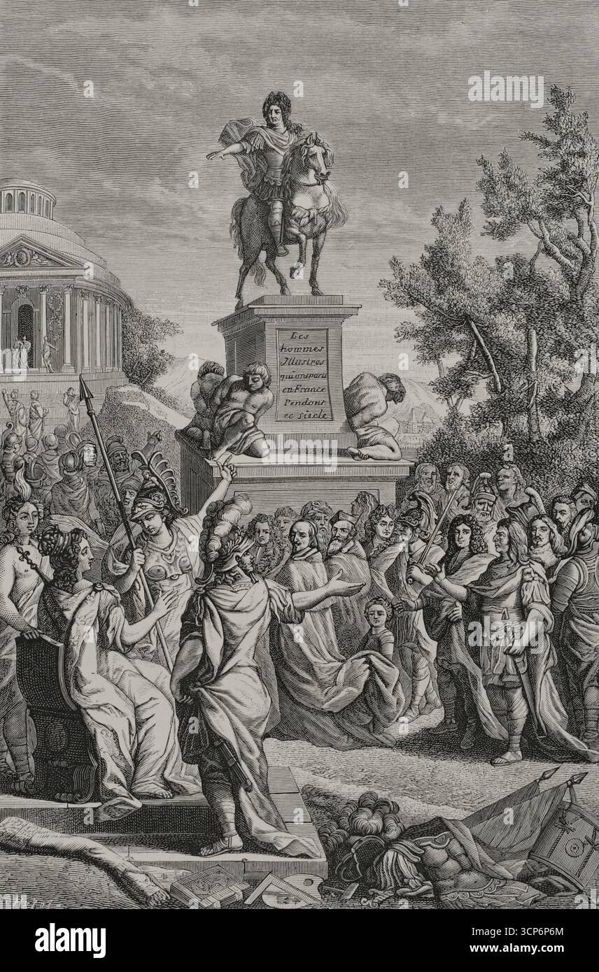 „Le Ciel en sa faueur forma tant de grands hommes“ (der Himmel schuf zu seinen Gunsten so viele große Männer). Stich von Huyot nach Gérard Edelinck (1640-1707). Illustration für das Frontispiece von Charles Perraults (1628–1703) Werk „Les Hommes Illustres qui ont paru en France pendant ce siècle“ (die illustren Männer, die während dieses Jahrhunderts in Frankreich erschienen sind), veröffentlicht in Paris, chez Antoine Dezallier, 1696. XVIIme siècle: lettres, Sciences et Arts, Frankreich 1590-1700 (17. Jahrhundert: Briefe, Wissenschaften und Künste), von Paul Lacroix. Veröffentlicht in Paris von Librairie de Firmin-Didot et Cie, 1882. Stockfoto